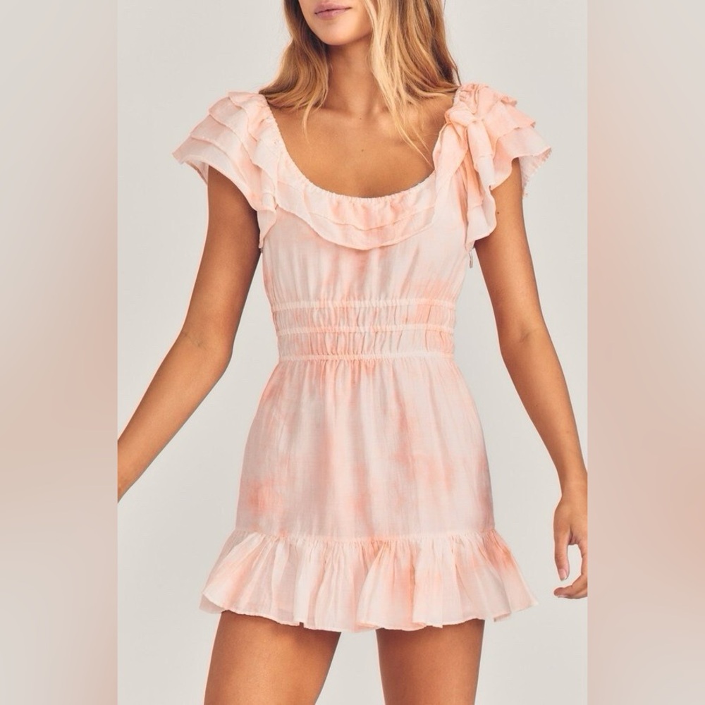 LoveShackFancy Kamie Peach Twist Hand Dye Ruffle Mini Dress
